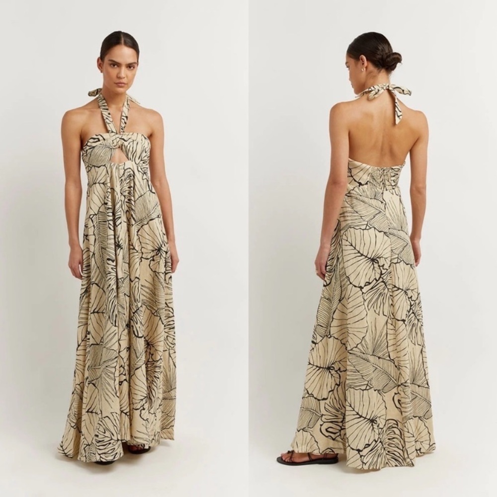 Dissh Malta Palm Linen Halter Knot Midi/Maxi Dress Size 2